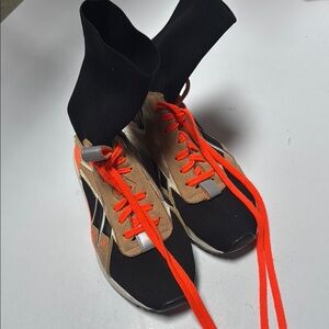 Black and Tan Sneakers with Orange Laces